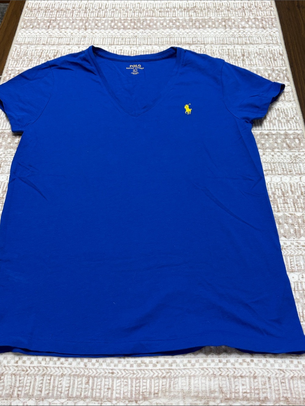 Polo by Ralph Lauren Women's V-Neck Tee in Blue with Yellow Logo